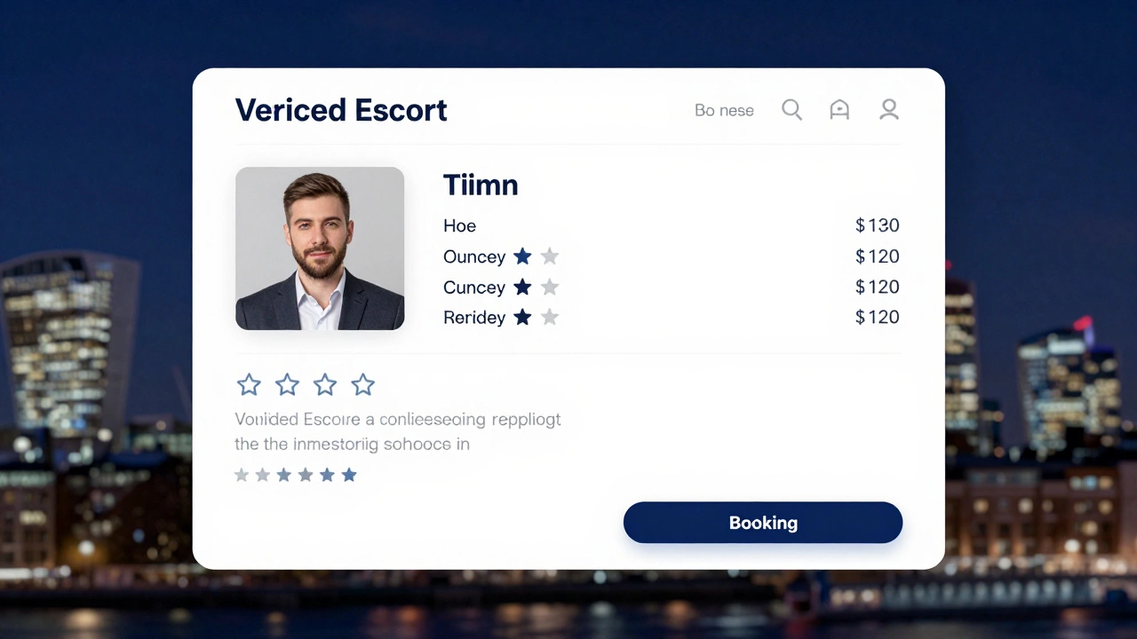 A clean digital profile with verified photos, pricing, and reviews on a London cityscape background.