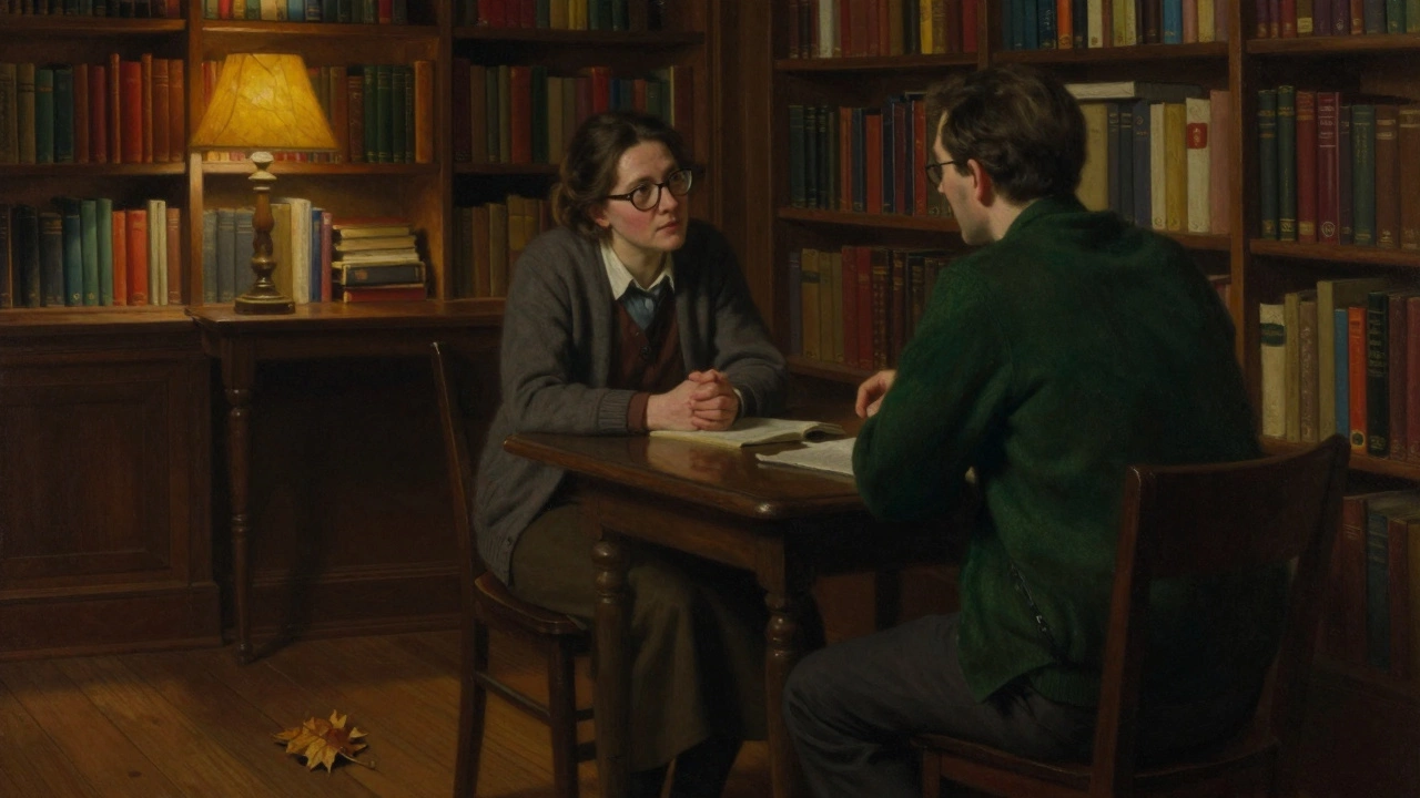 A man and woman converse quietly in a library, bookshelves around them, soft lamplight illuminating their moment.