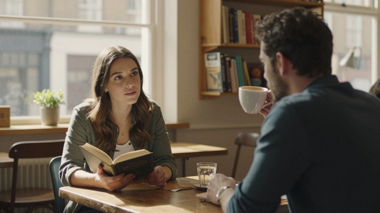 A woman and man have a calm conversation in a cozy North London café.