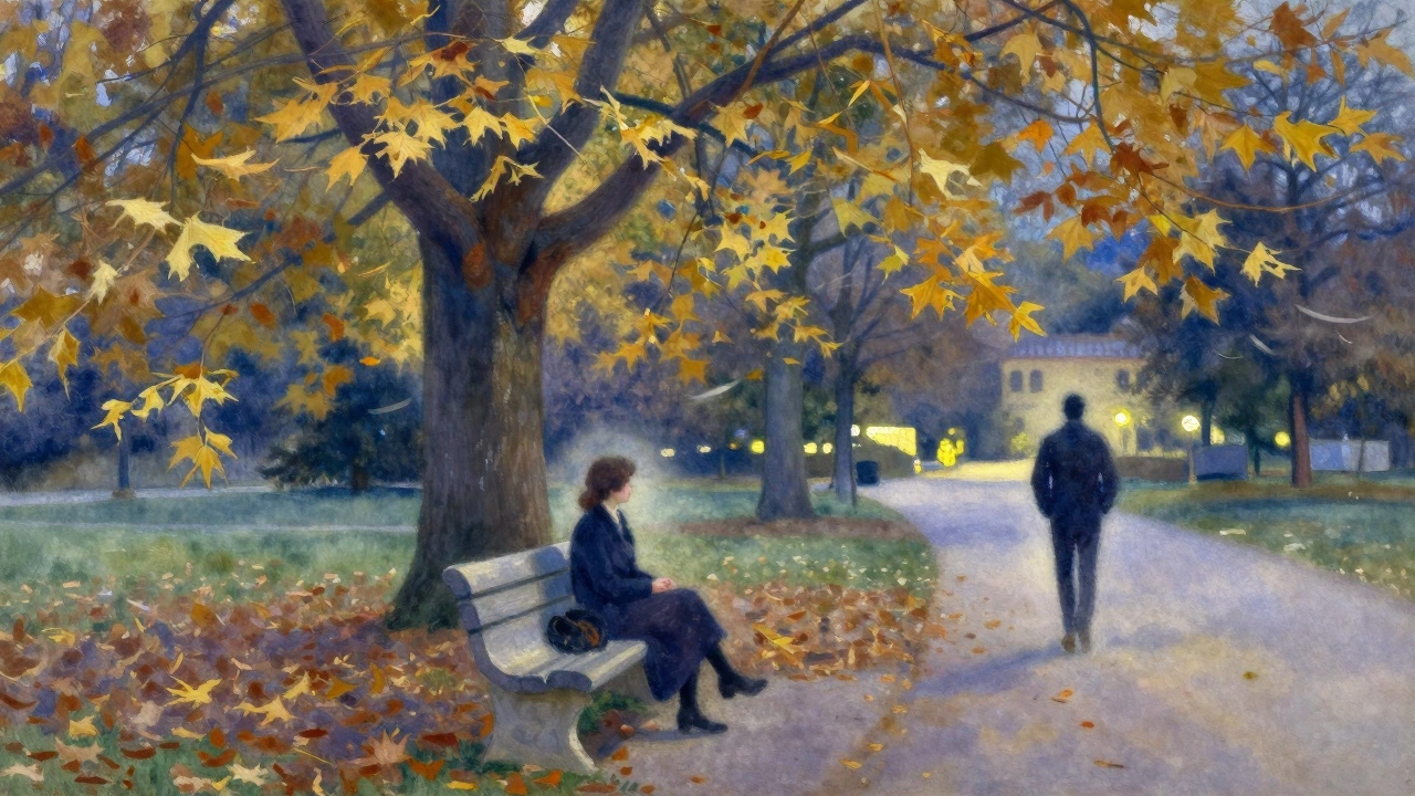 A woman sits on a park bench under a chestnut tree at twilight, a man approaching slowly in the distance.