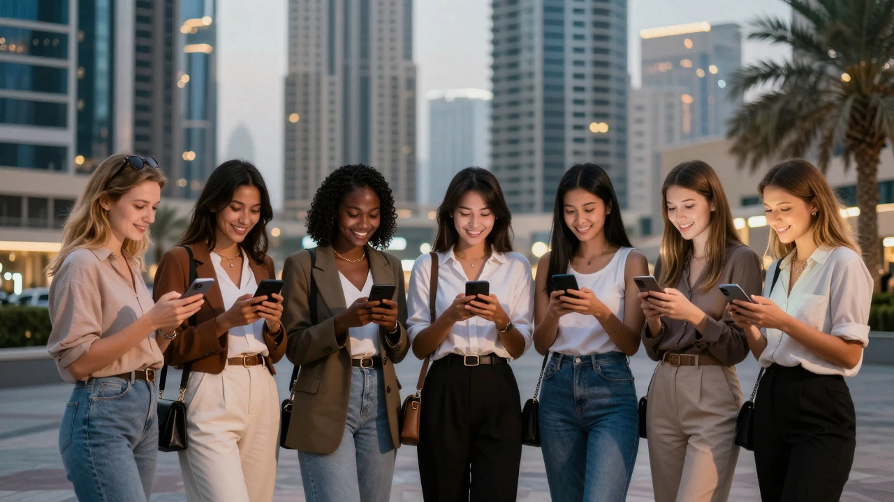 Diverse women from around the world standing together in a Dubai courtyard, connected through shared experience and independence.